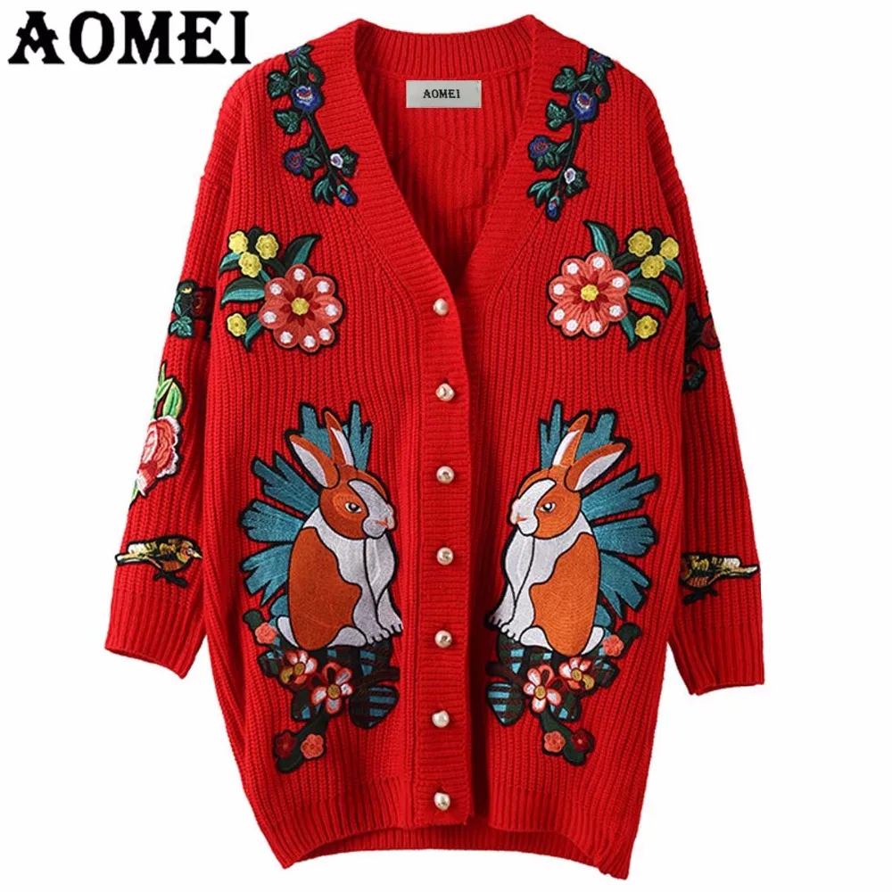 

Women Long Cardigans Jumper Embroidery Animal Lady Autumn Winter Knitwear thick Sweater Cardigan Female Long Version Cardigans