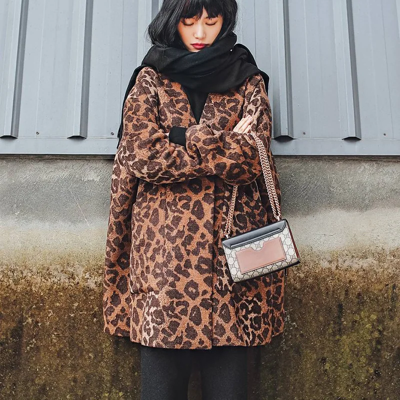 

Cakucool Women Leopard Woolen Jackets Loose V-neck dots Wool Blends Vintage Covered Button Side Slit Mid Long Women Overcoat