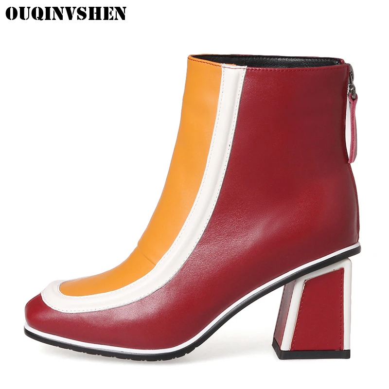 

OUQINVSHEN Square Toe Square heel Women Boots Zipper Mixed Colors Ankle Boots Casual Fashion Mid Heel High Heels Women's Boots