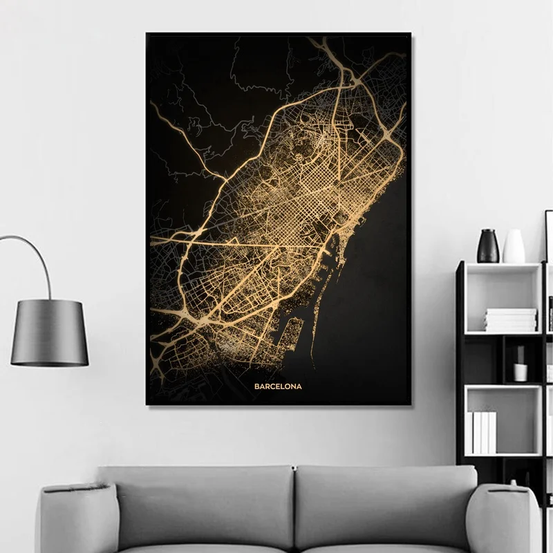

Barcelona, Modern City Gold Map Canvas Art Print Home Room Decor Poster