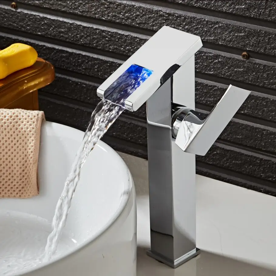 Buy 3 color LED basin faucets side open hot and cold