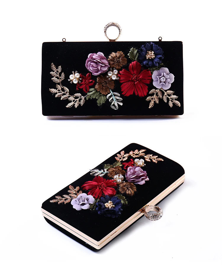 Luxy Moon Pochette à fleurs noire pour fête, vue de face et de côté