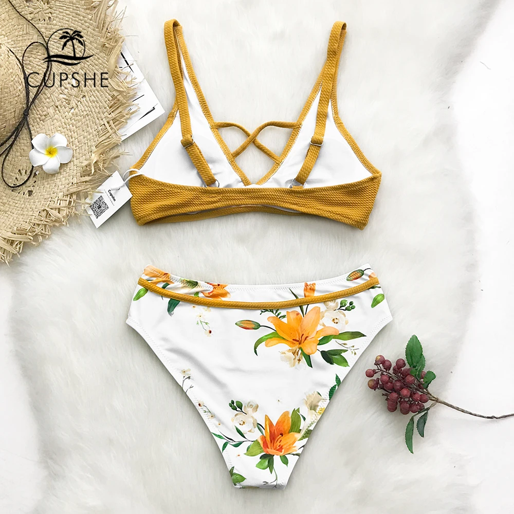 Günstig CUPSHE Gelb Floral Print Bikini Sets Frauen Kreuz Dreieck Zwei Stück Badeanzüge 2020 Mädchen Sexy Badeanzüge Bademode