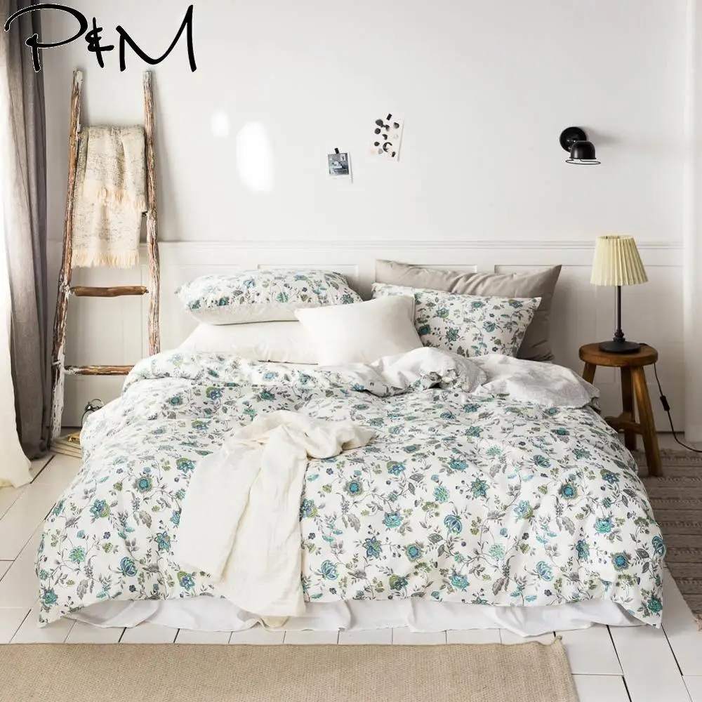 2019 Green Blue Bohemian Floral Duvet Cover Set Flat Fitted Sheet