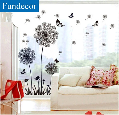 

[Fundecor] hot sale DIY black dandelion flower butterfly art wall decor decals mural decorations pvc wall stickers home decor