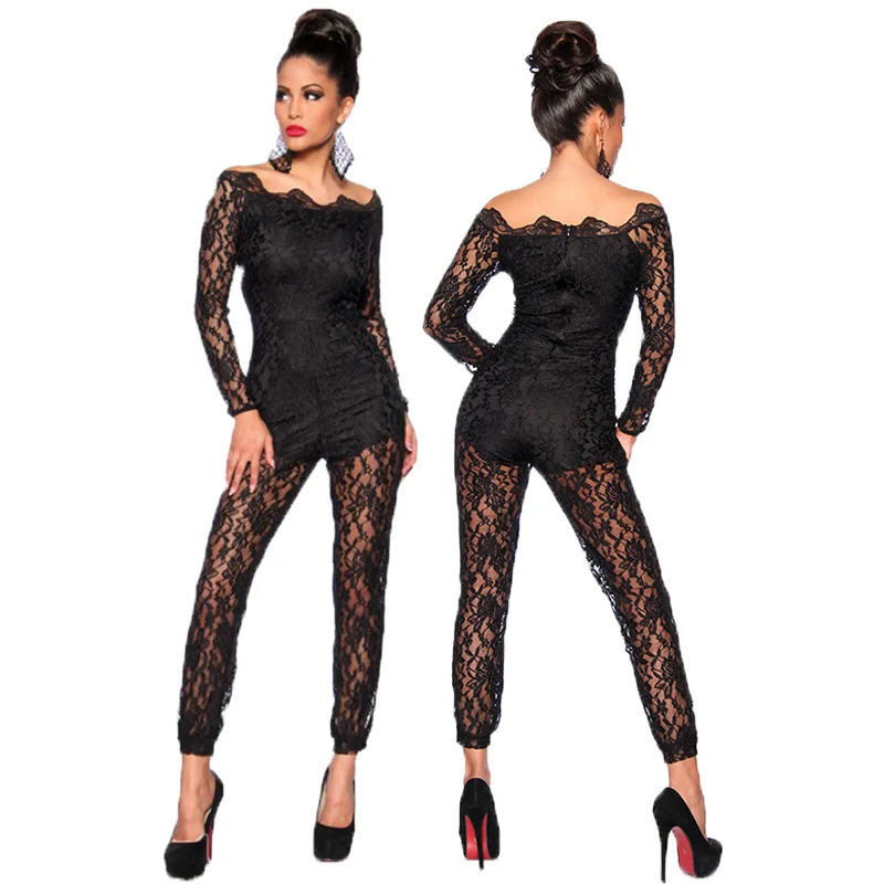 adogirl autumn women zipper up striped splicing long sleeve bodycon moto biker jumpsuit sexy club night party romper playsuit Women Lace Floral Black Long Sleeve Jumpsuit Romper Clubwear Sexy Off Shoulder Slash Neck Playsuit Bodycon Party Trousers Female