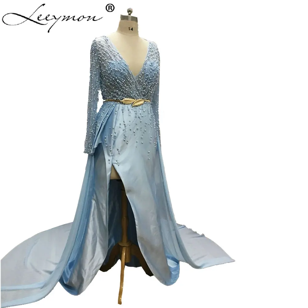 

WDZ-300 Sexy Prom Party Deep V-Neck Gold Sash Celebrity Inspired Dresses Full Hand Sewing Beading Carpet Gown Leg Side Split