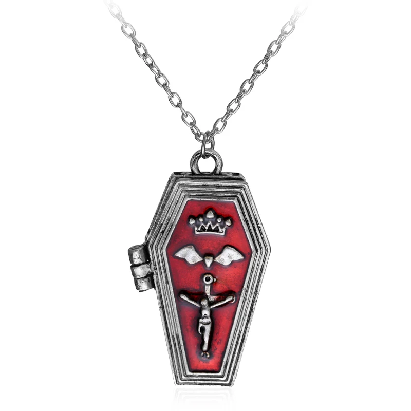 

Gothic Red Enameled Vampire Hallowee Bat Cross Open Box Coffin Casket Vintage Punk Cool Vampire Jesus Coffin Pendant Necklace