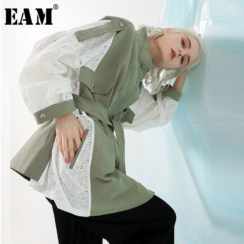 

[EAM] 2019 New Spring Stand Collar Long Sleeve Back Lace Split Joint Large Size Jacket Women Coat Fashion TideJK291