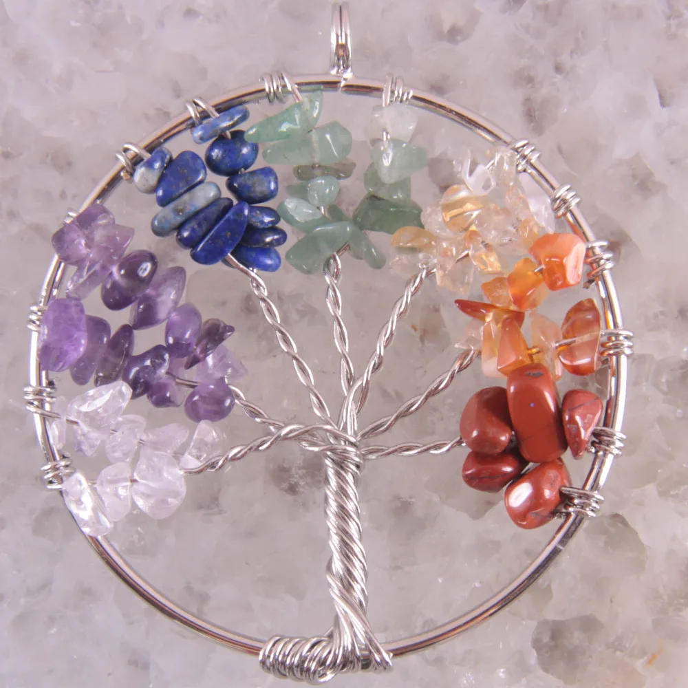 

Tree of life-Pink Crystal Lapis Lazuli Onyx Red Rainbow Jaspe Beads Wire Wrap Round Pendant 1Pcs K1835