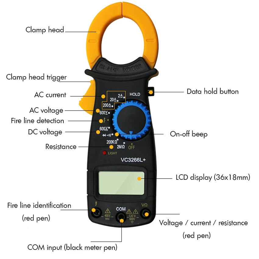 Цифровой клещи 2/20/200A AC, 600 V AC/DC, 200 K/2 M Ohm+ противопожарная линия идентификация противогорящий Настольный зажим универсальный счетчик