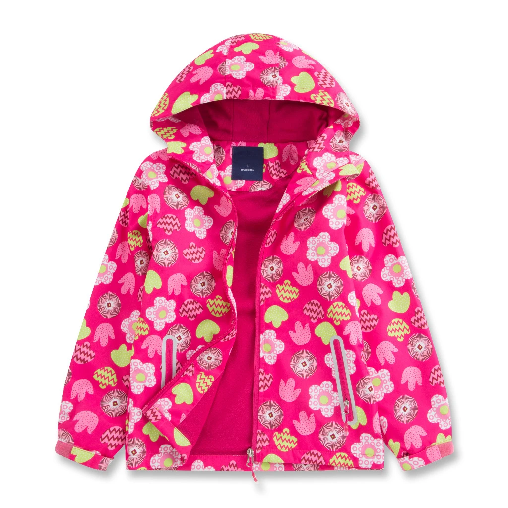 

Flower Hooded Jacket Polar Fleece Lining Warm Sporty Coat Children Waterproof Breathable Cardigan Outerwear Girls Windbreaker