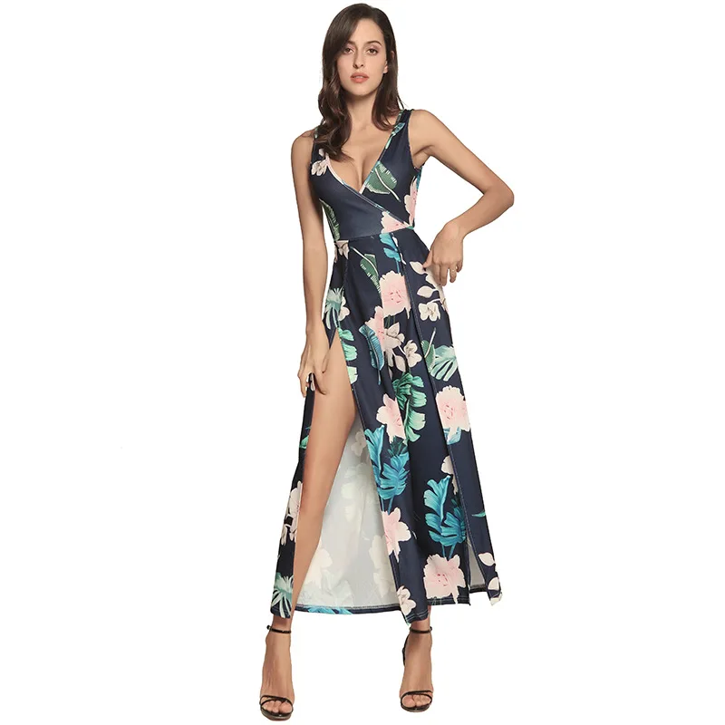 GOPLUS Spring Boho Print Jumpsuit Women High Waist Sexy V Neck Sleeveless Jumpsuits Lady Split Wide Leg Vintage Loose Jumpsuit