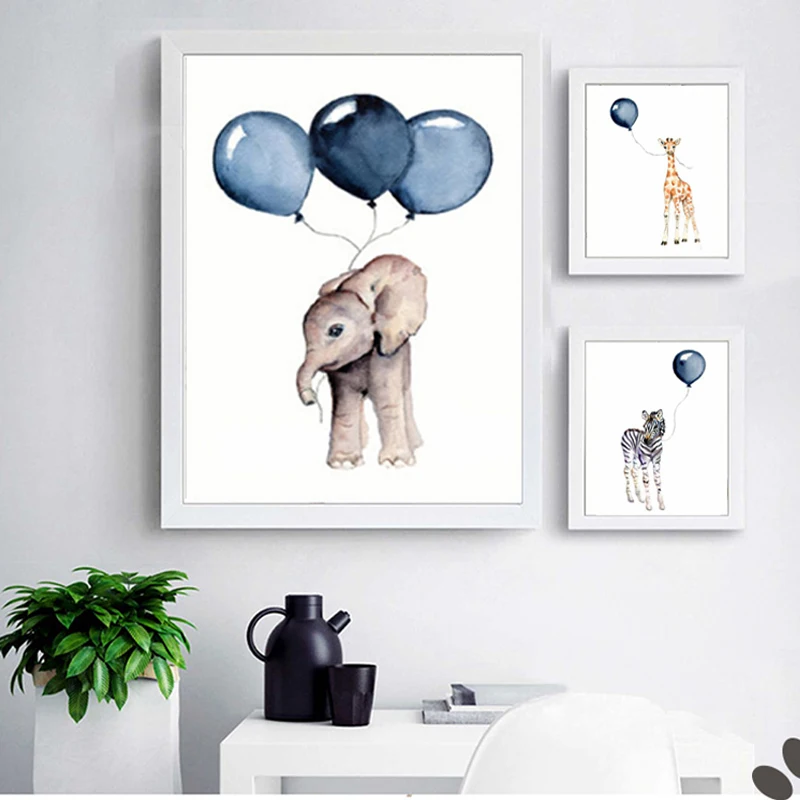 Nordic Cartoon Animals Canvas Paintings Nursery Blue Balloon Art Poster Zebra Elephant Print Wall Pictures Kids Room Decor (3)