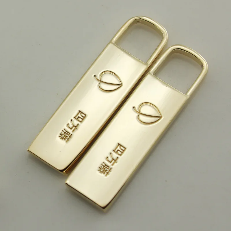 

(100pcs/lot) OEM Golden electroplating metal custom zipper puller with engraving stamping logo or brand name for clothing jacket