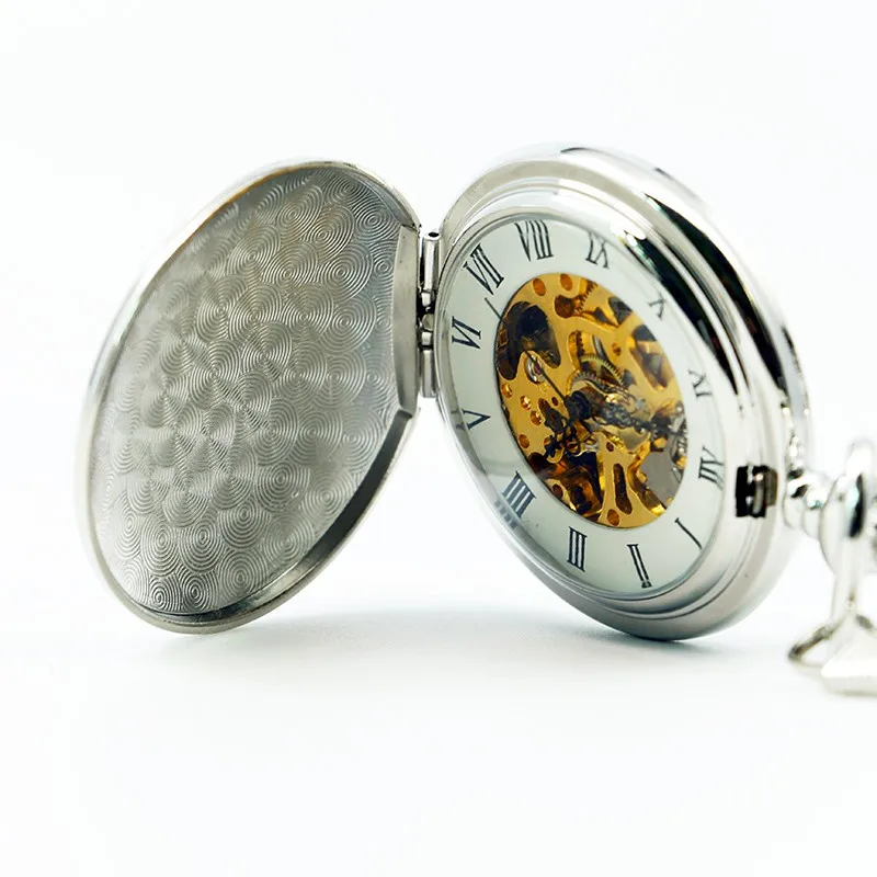 Роскошные серебряные Гладкие стальные Механические карманные часы ручной Ветер часы кулон ожерелье для мужчин и женщин подарок