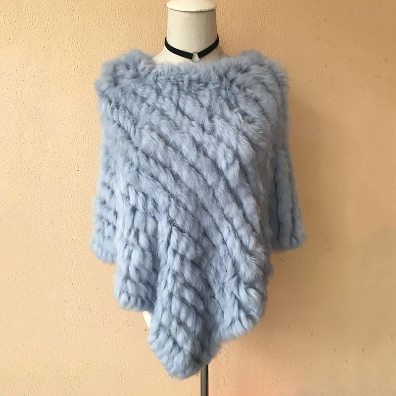 Femme вязаный мех кролика пончо и накидка на осень и зиму для женщин подлинный натуральных мех шаль треугольной обертывания с натуральным мехом пуловеры - Цвет: sky blue