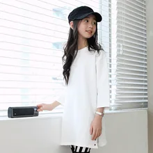 3-14Y 2016 New Girls Children’ T-shirt Girl Pure Color Shirt Children Cotton Shirt Mid-long Style Baby T-shirt Kids Summer Shirt