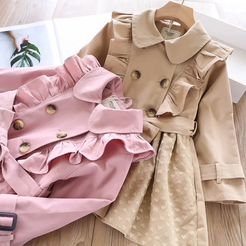 Осенний плащ для девочек, однотонная розовая модная верхняя одежда с оборками для детей, детская одежда в Корейском стиле