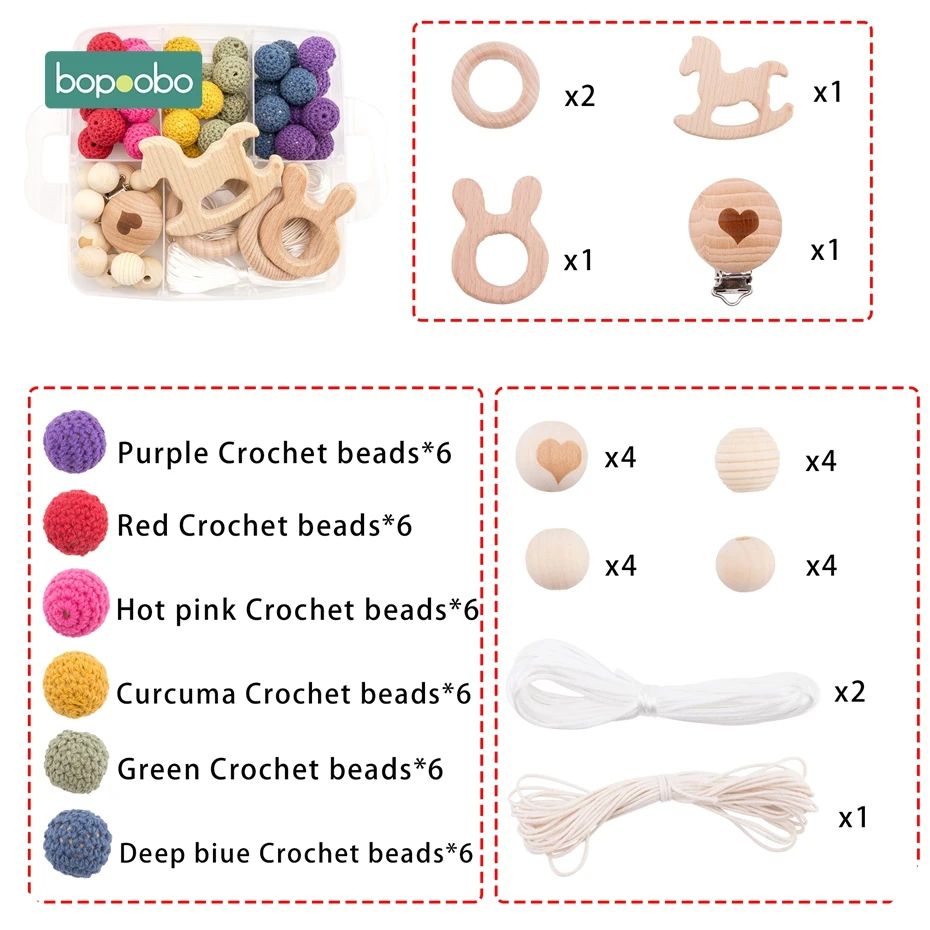 Bopoobo 1Set Baby Teether DIY Silicone Beads Pacifier Clip Chain Baby Mobile Wool ball BPA Free Wooden Crochet Beads Teether