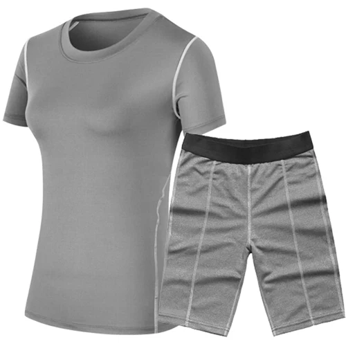 Женский спортивный комплект для йоги, спортивный женский жилет, рубашка, топ и шорты для похудения, одежда для бега, фитнеса, черный спортивный костюм для женщин - Цвет: Серый