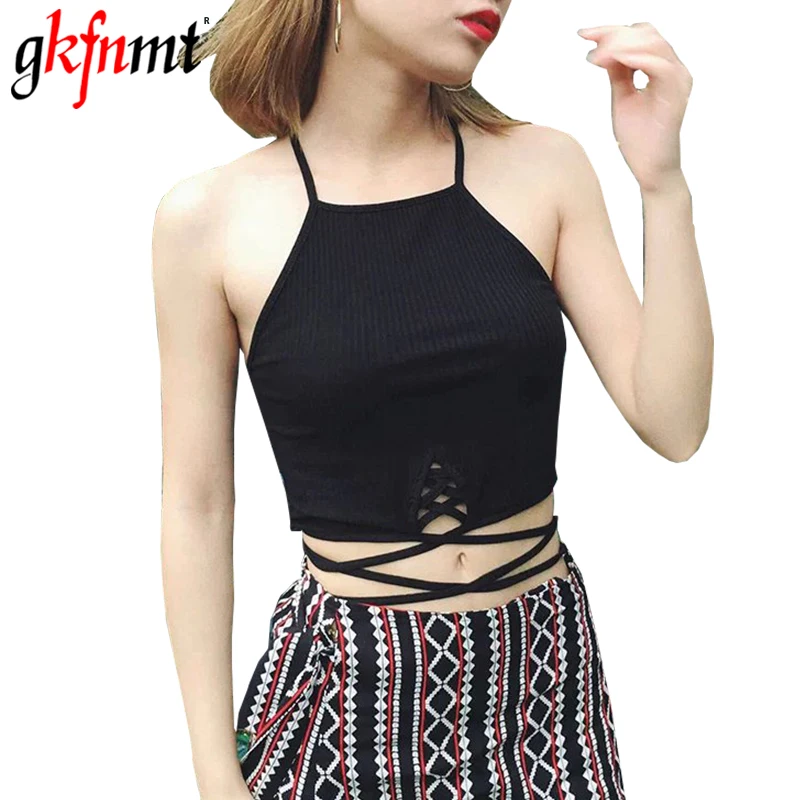 

Halter Crop Top Women Camis Lace Up Top Women Camisole 2019 Summer Sexy Sleeveless Slim Bandage Roupas Femininas T-Shirt