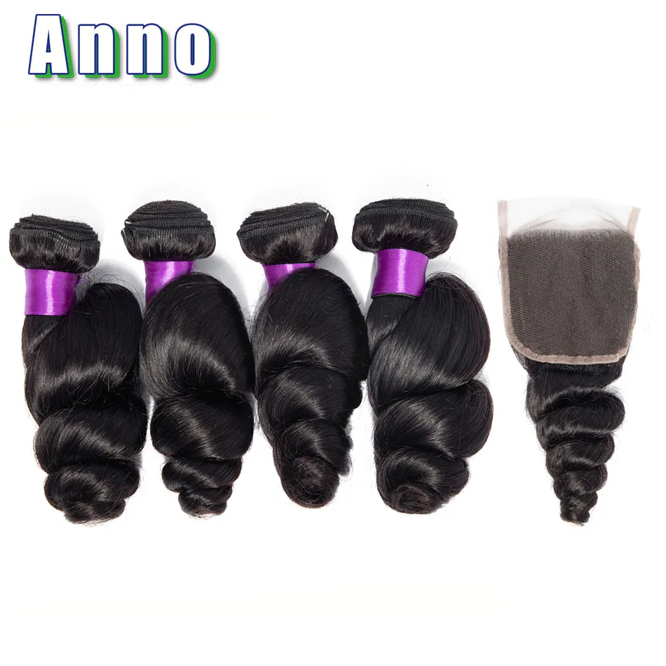 Anno Brazilian Hair Weave Bundles With Closure Middle/Free/Three Brazilian Loose Wave 4 Bundles With Closure Non Remy Human Hair