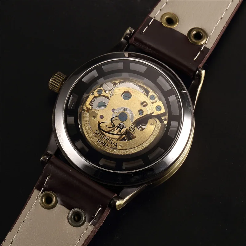 Мужские механические часы скелетоны SHENHUA бронзовые автоматические Аналоговые