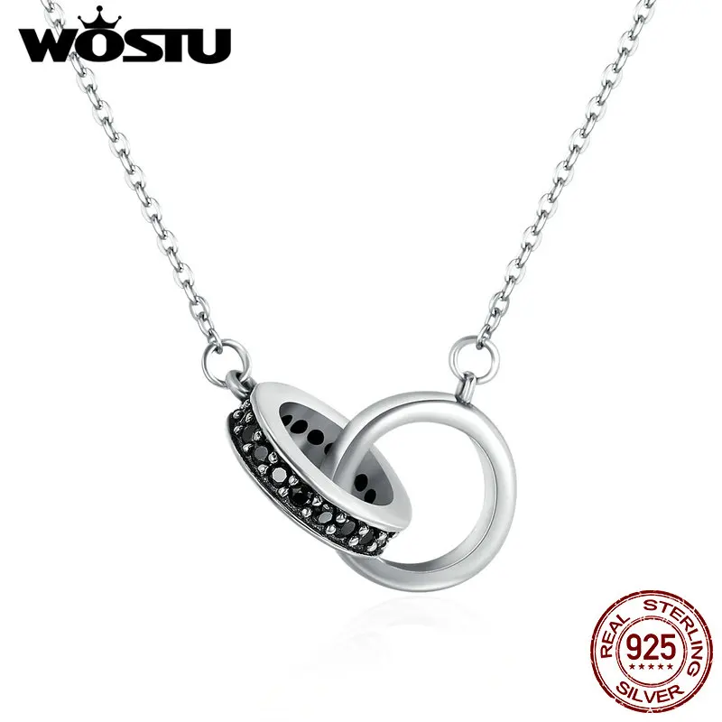 WOSTU подлинное 925 пробы Серебряное кольцо в круге черное CZ подвеска ожерелья для женщин Роскошные оригинальные ювелирные изделия Bijoux CQN147