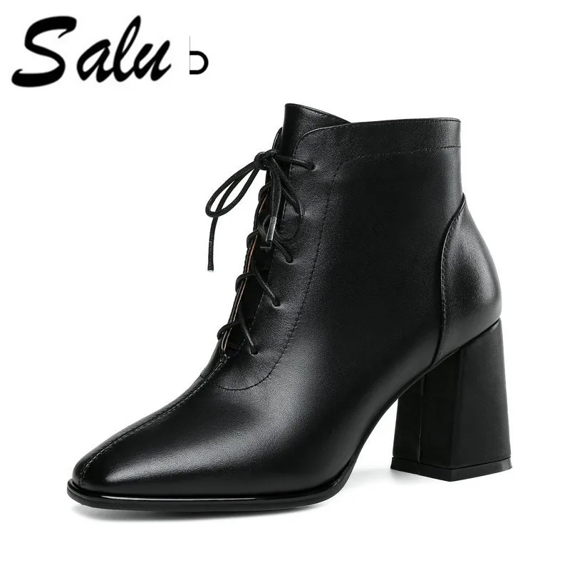 

Salu 2018 new style genuine leather ankle boots pointed toe thick heel chelsea boots calf leather women boots ladies shoes