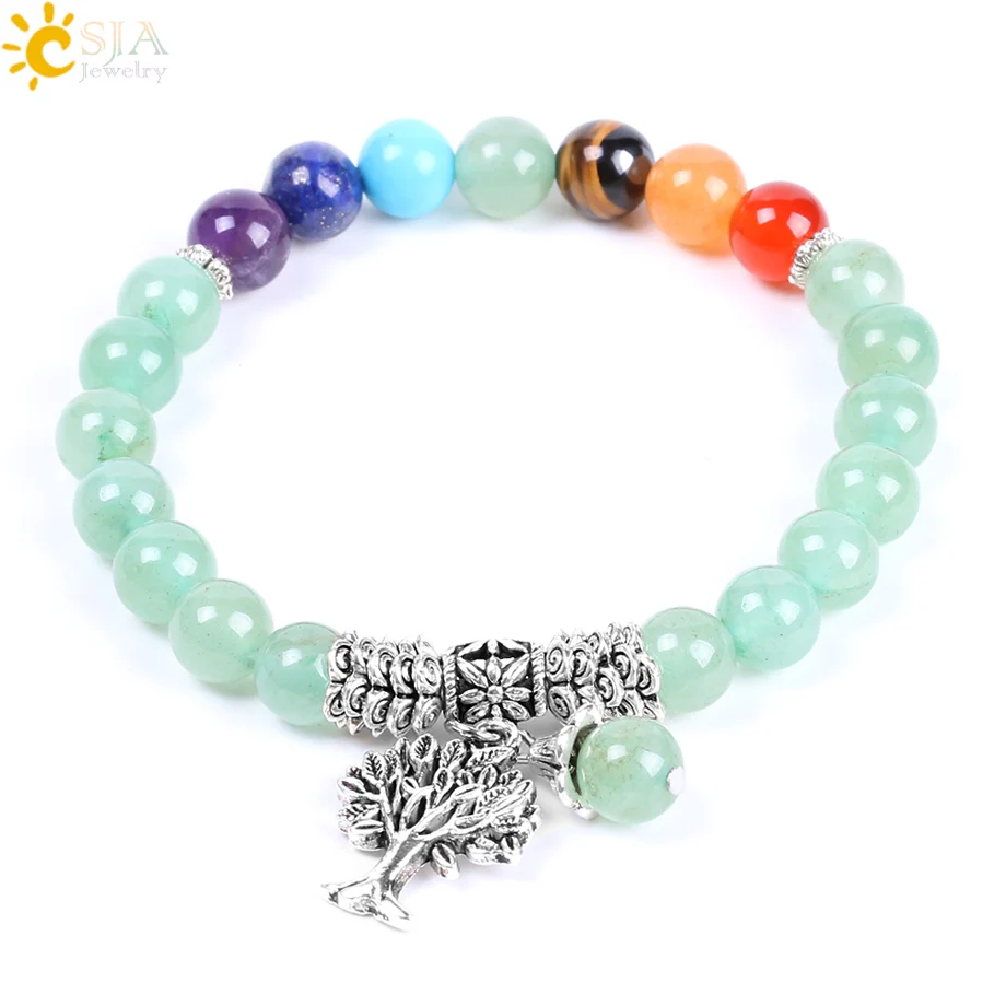 

CSJA Natural Green Aventurine Rainbow 7 Chakra Beads Yoga Bracelets Hot Sell Healing Bangles Life Tree Women & Men Jewelry F127