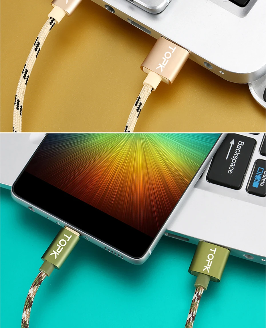 TOPK Micro USB кабель с металлической оболочкой Позолоченный разъем плетеный провод для samsung/sony/Xiaomi/Android телефон