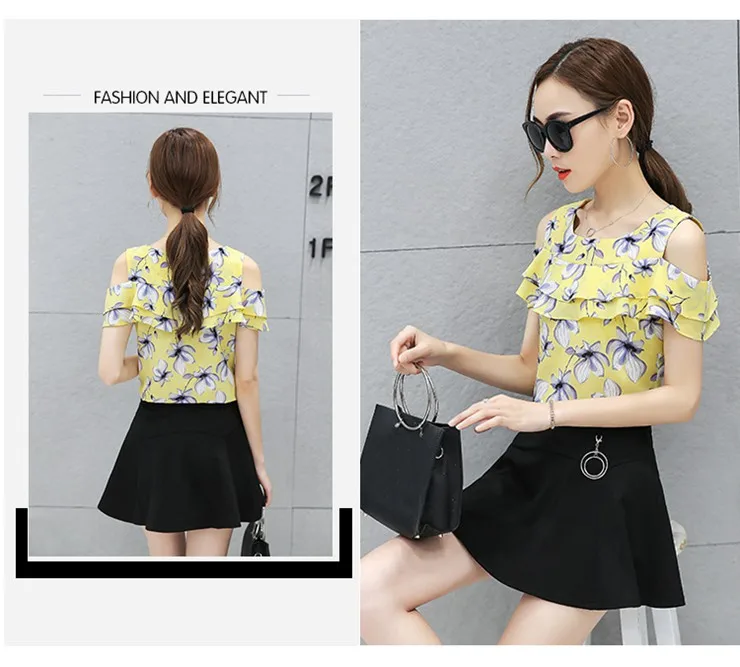Blusas Femininas 2018 Women Open Shoulder Tops Female Casual Short Sleeve Chiffon Blouses Print Floral Shirts Ladies Tops (8)