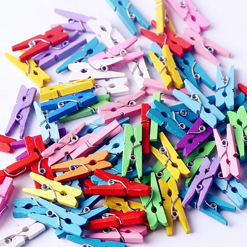 100pcs Spring Clips Random Mini Colored Wood Photo Paper Peg Pin