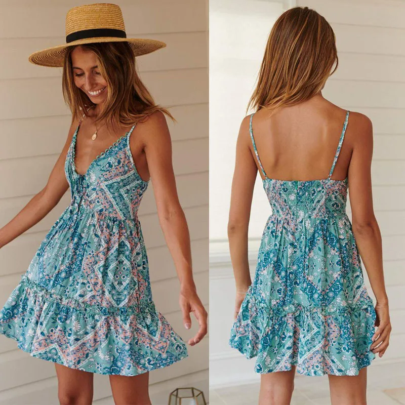 

Fashion Mini Dress Sexy Deep V Neck Spaghetti Strap Summer Beach Party Dress Best Women Bohemia Holiday Dress
