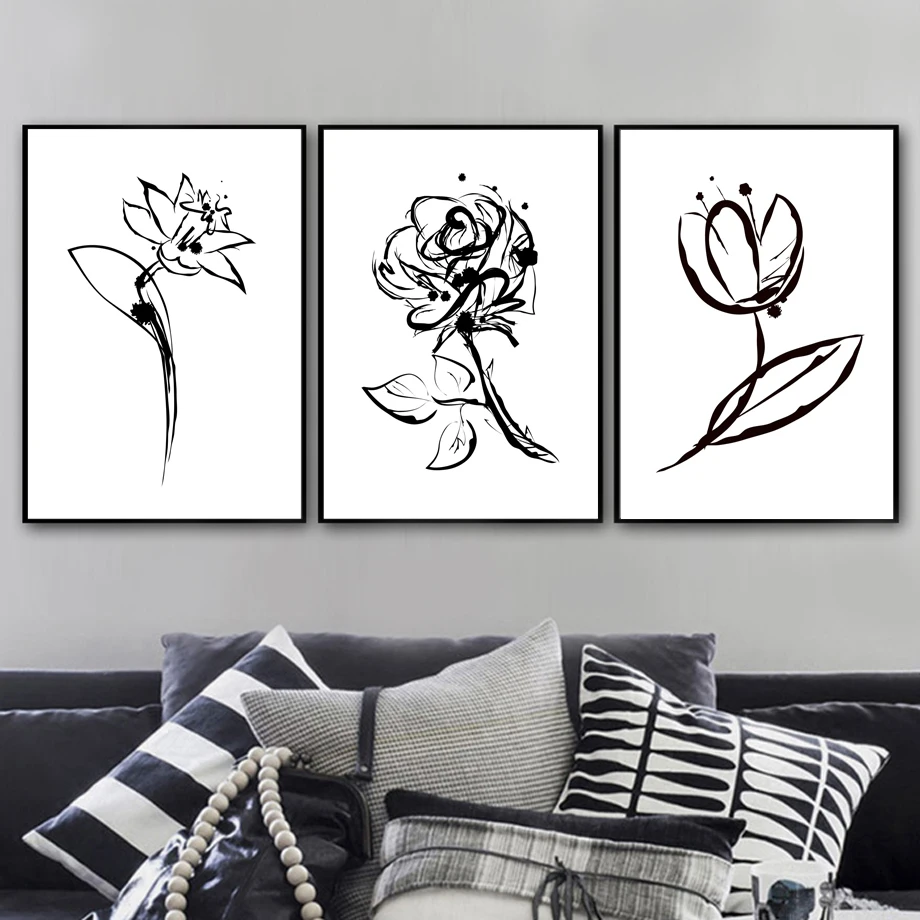 Abstract Black White Flower Nordic Posters And Prints Wall Art Canvas Painting Wall Pictures For Living Room Bedroom Home Decor