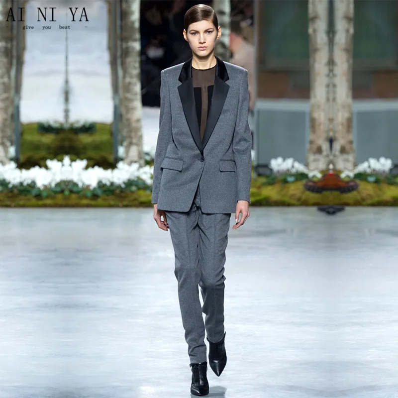 7-1 Charcoal Womens Business Suits Ladies Elegant Pants Suit Formal OL Long Sleeve Black Satin Lapel Female Trouser Suit Custom Made