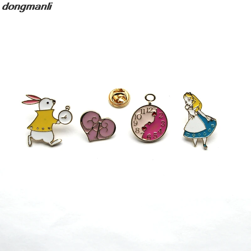

WS1017 4pcs/lot metal Alice in Wonderland series cat rabbit clock crown enamel badge brooch pin