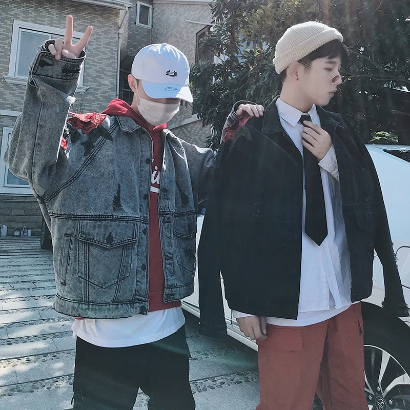

Casual Wild Loose Men's jacket Trend Single-breasted Denim Jacket Flower Three-dimensional Embroidery Clothing