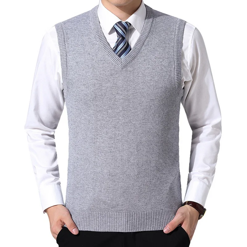 MJARTORIA мужской свитер жилет мужской сплошной цвет шерсть без рукавов деловой Повседневный пуловер вязаный свитер с v-образным вырезом - Цвет: Светло-серый