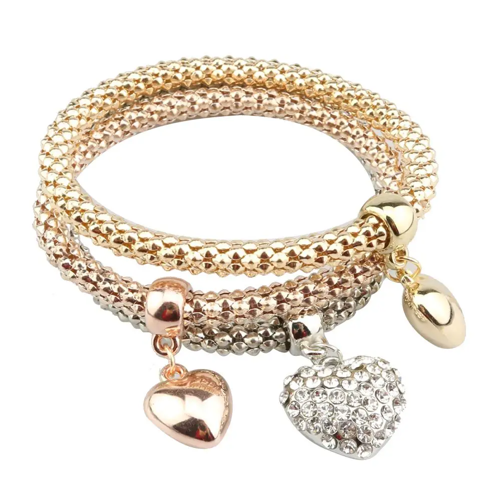 

3Pcs/Set Rhinestone Heart Hand of Fatima Charm Corn Chain Lady Bracelet Bangle