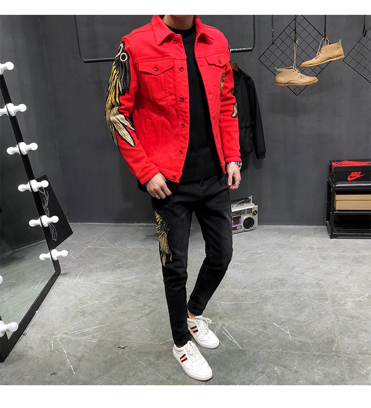 Мужская модная джинсовая куртка с вышивкой из флиса или без подкладки, приталенная джинсовая куртка черного и красного цвета