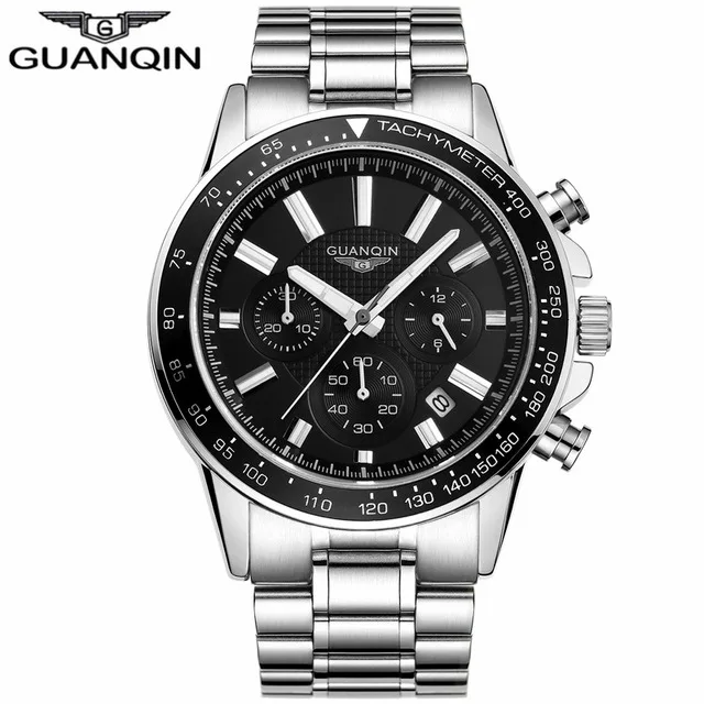 GUANQIN Спортивные кварцевые мужские наручные часы лучший бренд роскошные часы мужские полностью из нержавеющей стали светящиеся часы Relogio Masculino - Цвет: black B