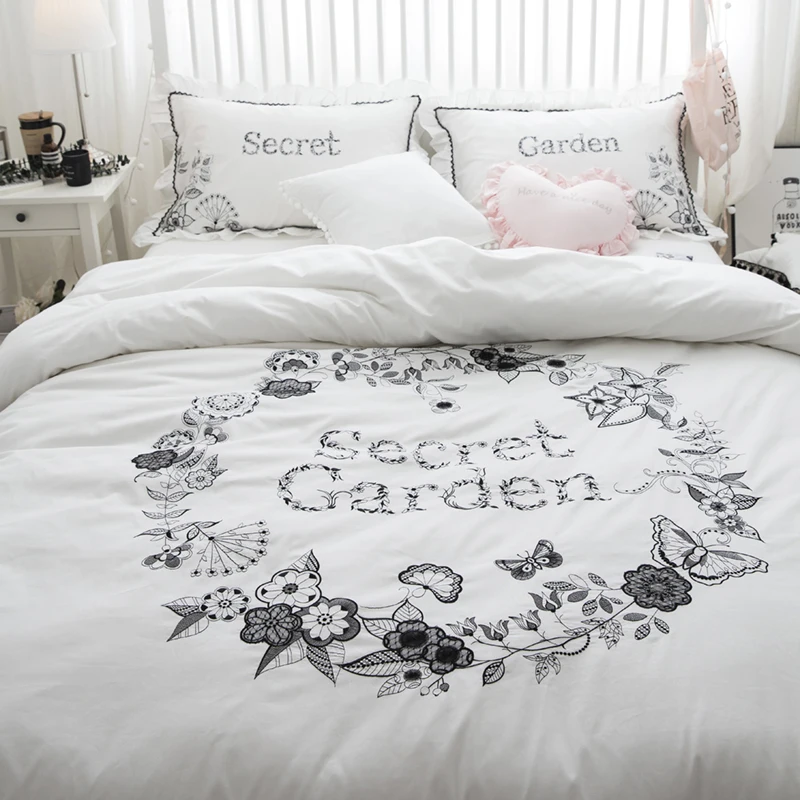 

Egyptian cotton embroidery luxury royal Bedding Set queen king white bed set cotton Bedsheets Duvet quilt cover set