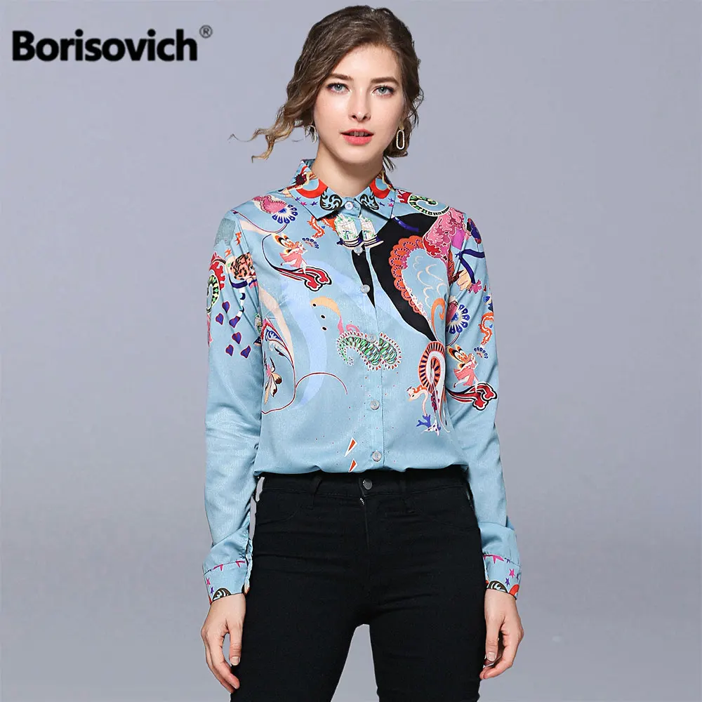 

Borisovich Office Lady Elegant Print Shirt New Brand 2019 Fashion Turn-down Collar Long Sleeve Women Casual Blouses Shirts N1021