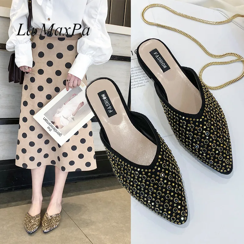 

black crystal mules shoes women sexy pointed toe glitter heel beach slides lady summer outdoor flip flops sandalia feminina shoe