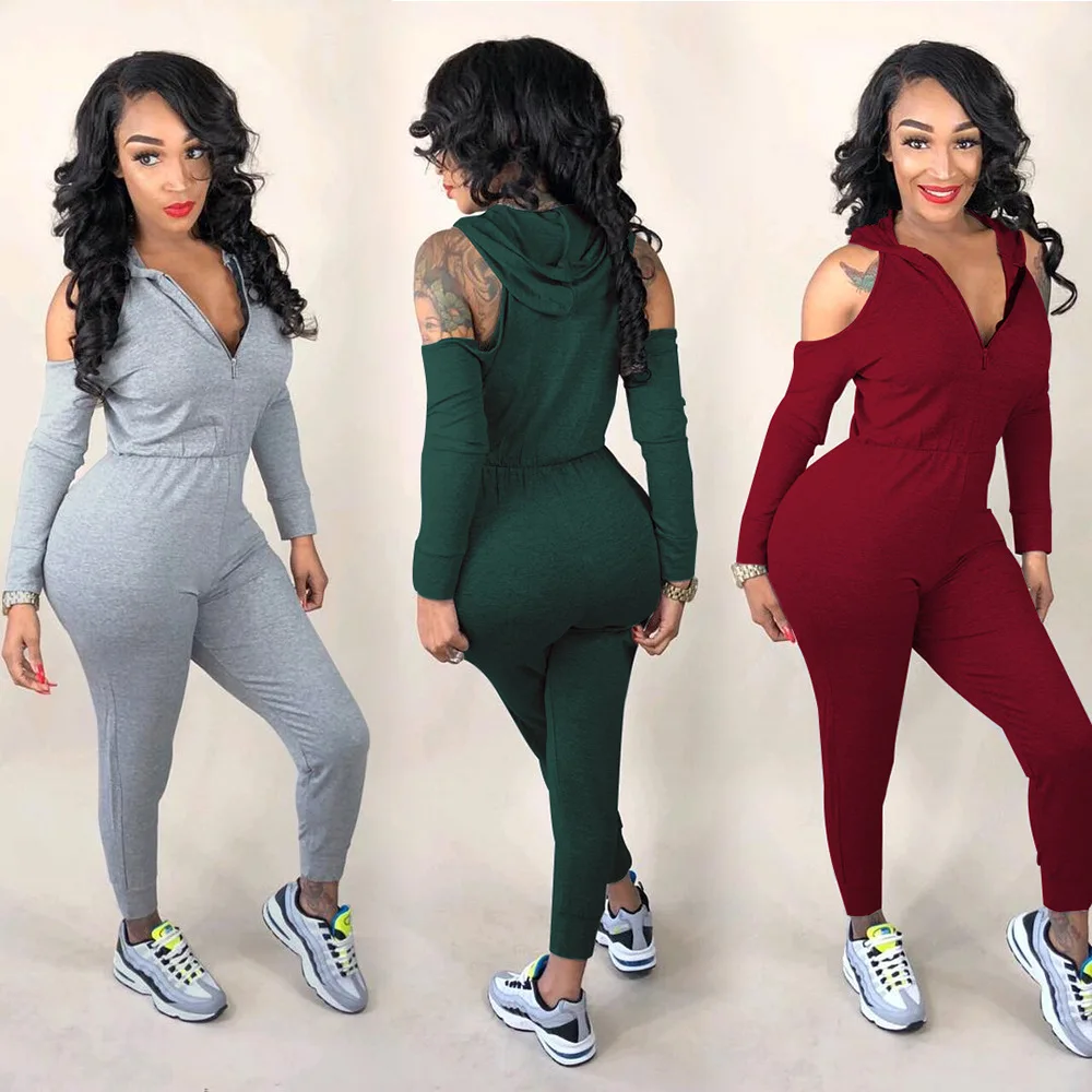 V Neck Solid Bodycon Jumpsuits Autumn Off Shoulder Women Hoodies