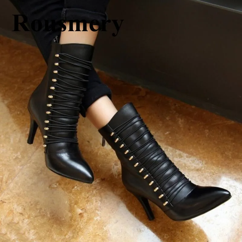 

2018 Newest Thin High Heel Cross-Tied Sexy Pointed Toe Rear Zipper Fashion Autumn And Winter Women Ankle Boots