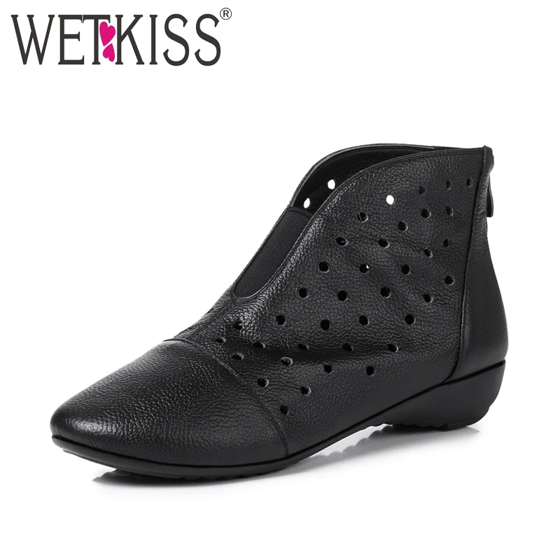 

WETKISS Female Boot 4 Seasons Comfort Genuine Leather Ankle Booties Soft Rubble Women Boots Wedges Cutout Zipper Shoes Woman