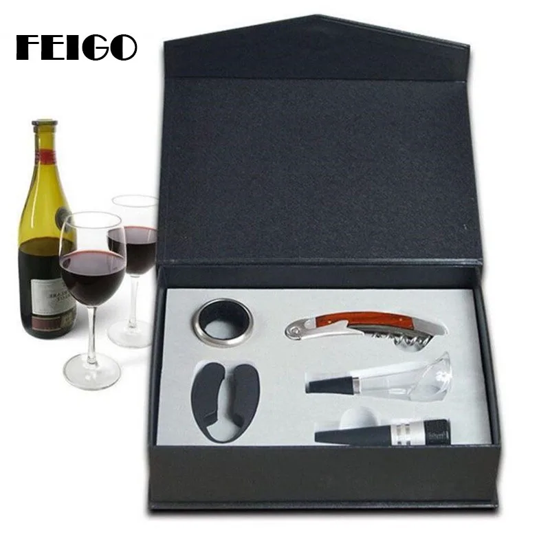 

FEIGO 5Pcs/set Professional Wine Bottle Gift Set Opener Stopper Drip Ring Foil Cutter Wine Pourer Wine Tools Set Corkscrew F345